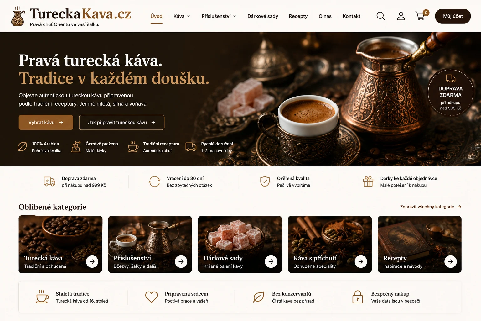 Ilustrační návrh TureckaKava.cz s džezvou, šálkem kávy a hnědo-zlatým e-shopem